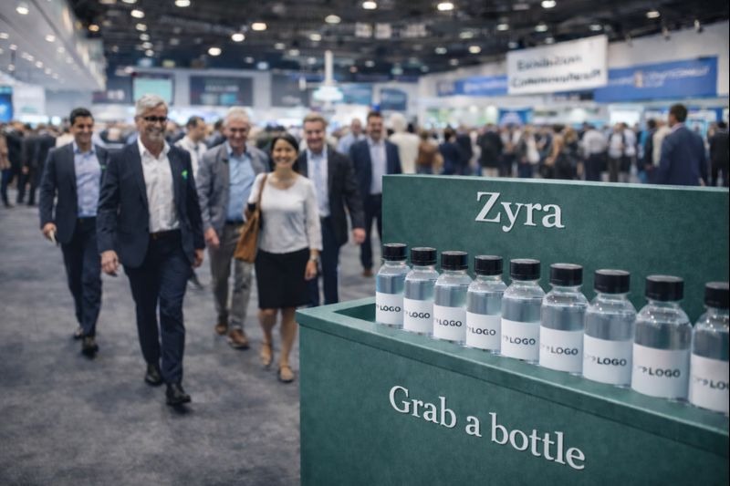 Visitors moving between halls with Zyra bottle